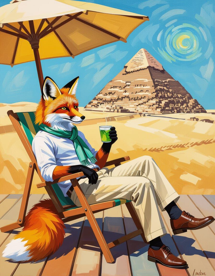 Fox Relaxing by Pyramid: An Impasto Oil Painting