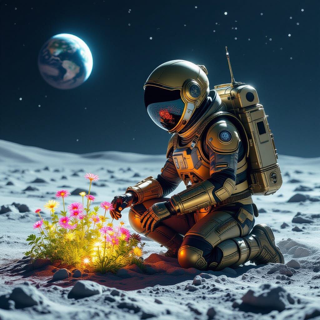 Steampunk Astronaut Tends Alien Garden on Moon