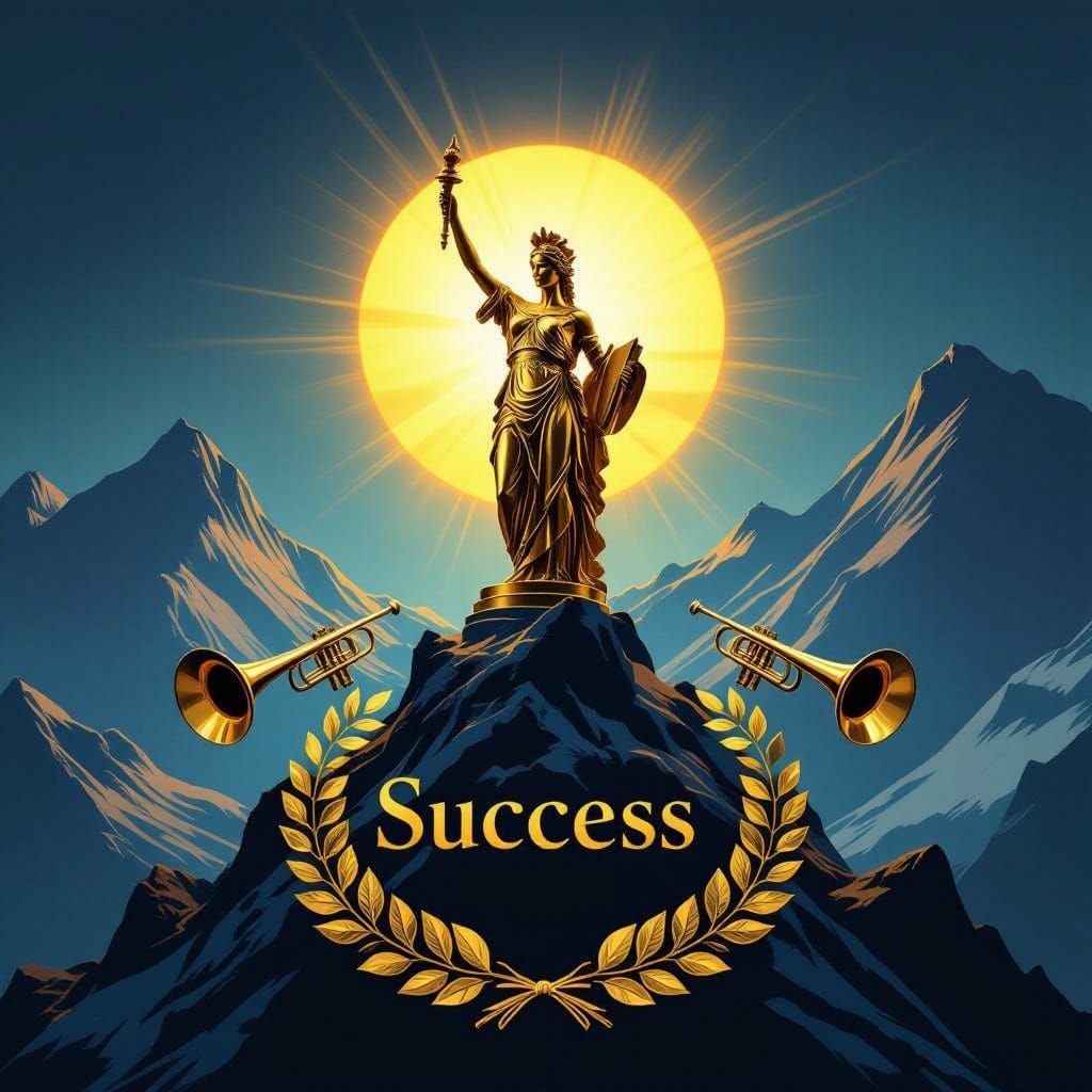Golden Statue of Success on Mountain Peak