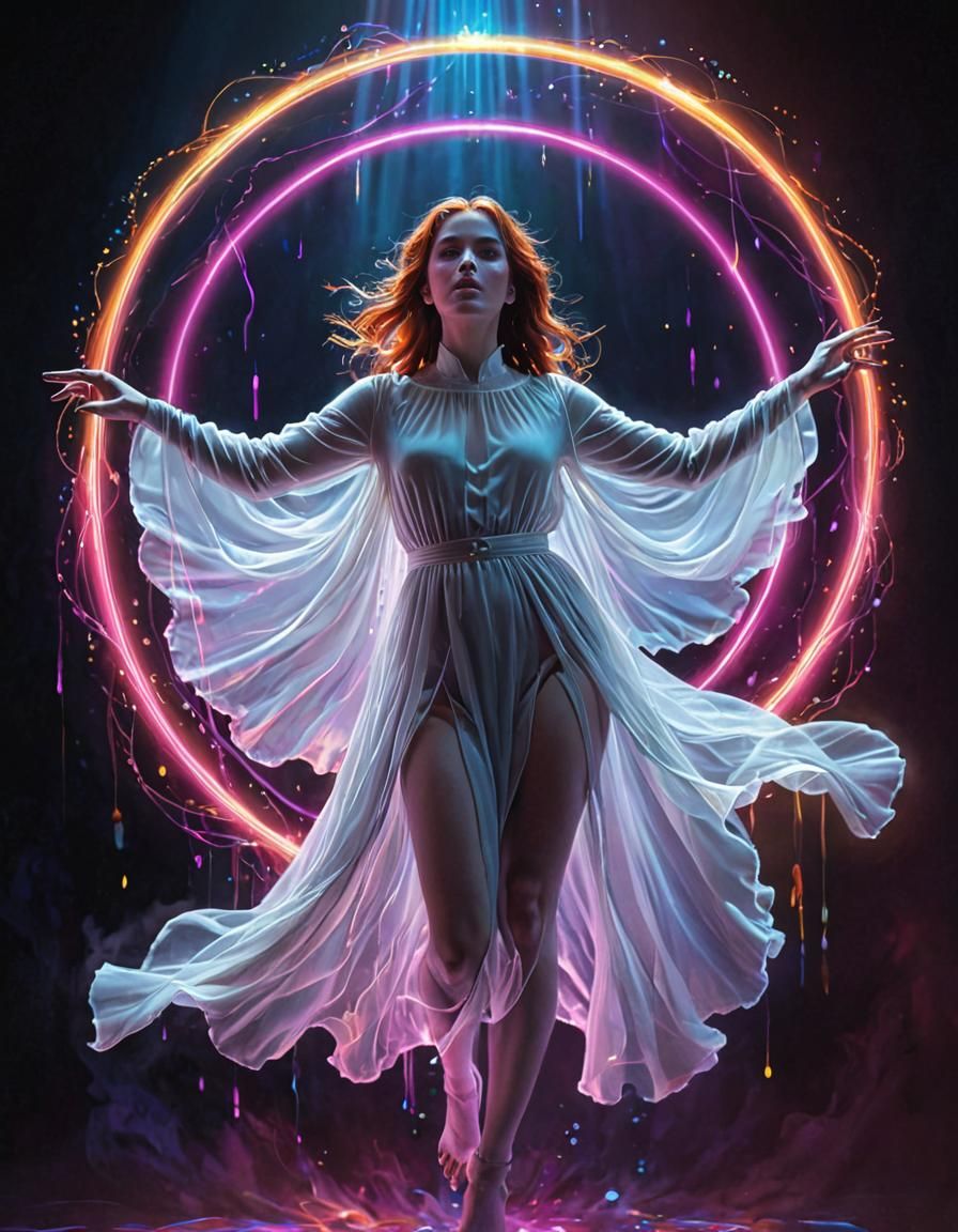 Ethereal Female Ghost in Neon Light Halo