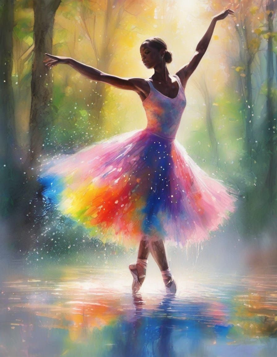 Ballerina Dancing in Rainbow Hues Amidst Forest Splendor