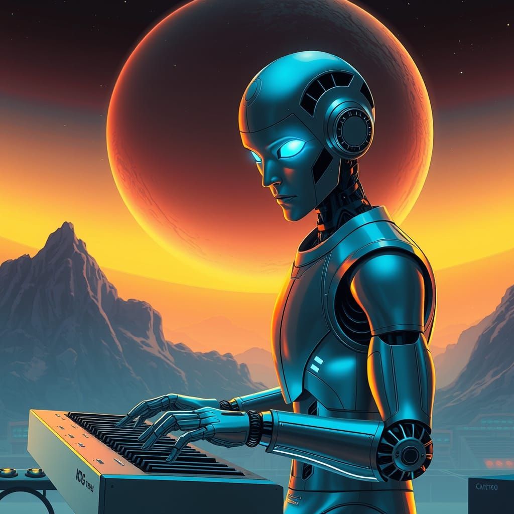 Futuristic Robot Plays Synthesizer on Stage in Digital Paint...