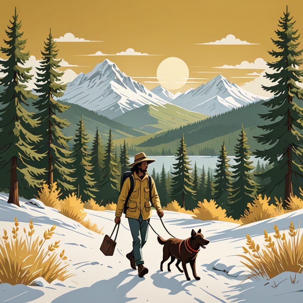 Stick Figure Hiker and Dog in Cartoon Style