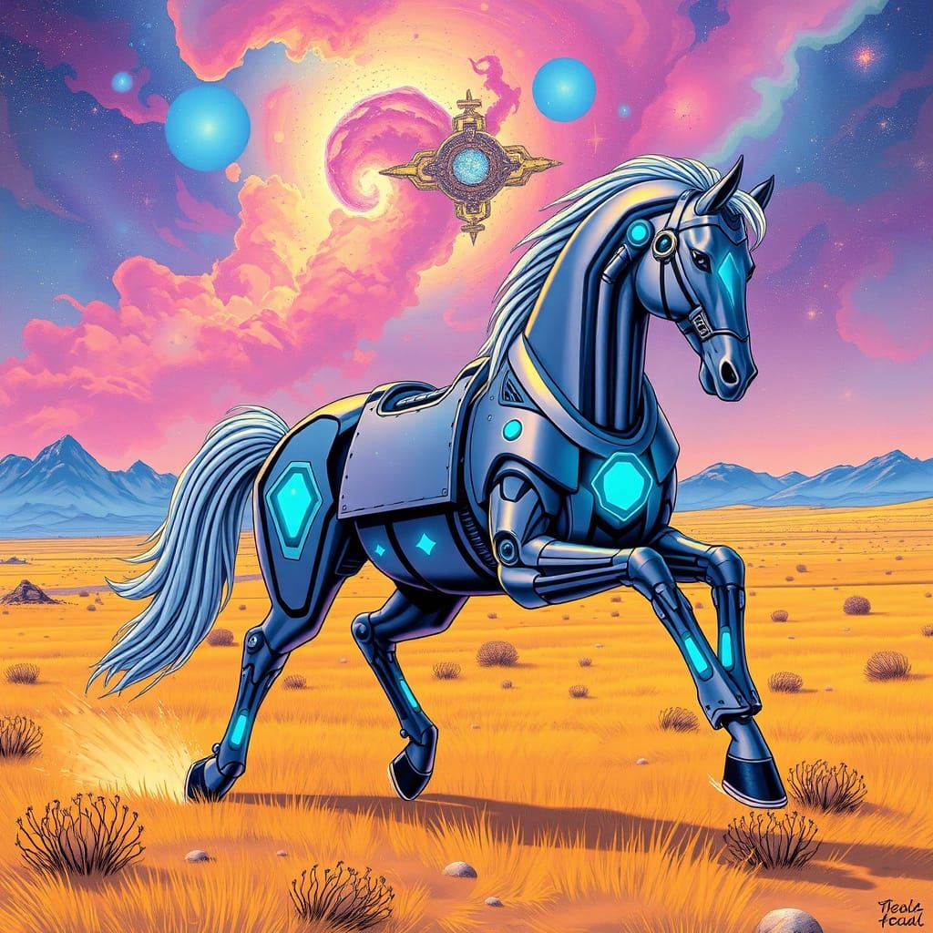 Bioluminescent Robot Horse Galloping Under Nebula in Futuris...