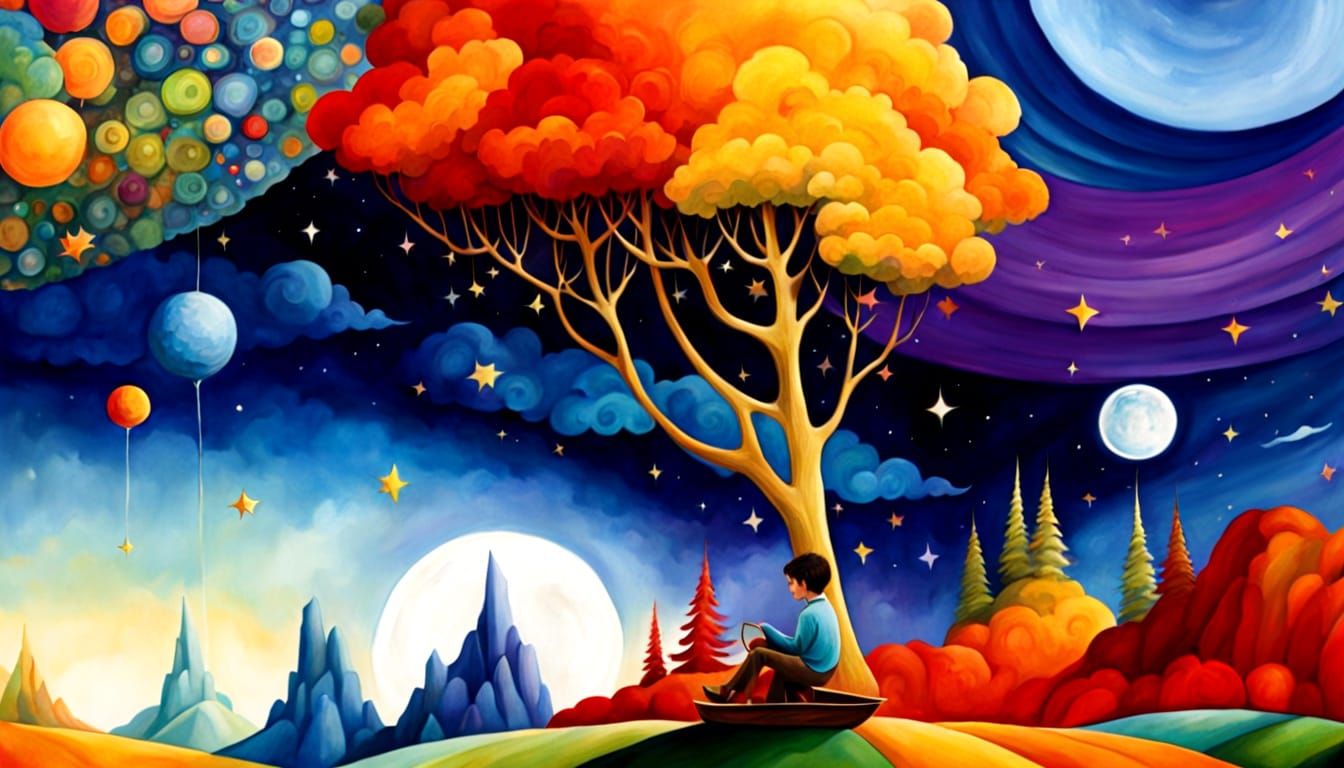 Whimsical Boy Sails Sky-Boat on Star Trail