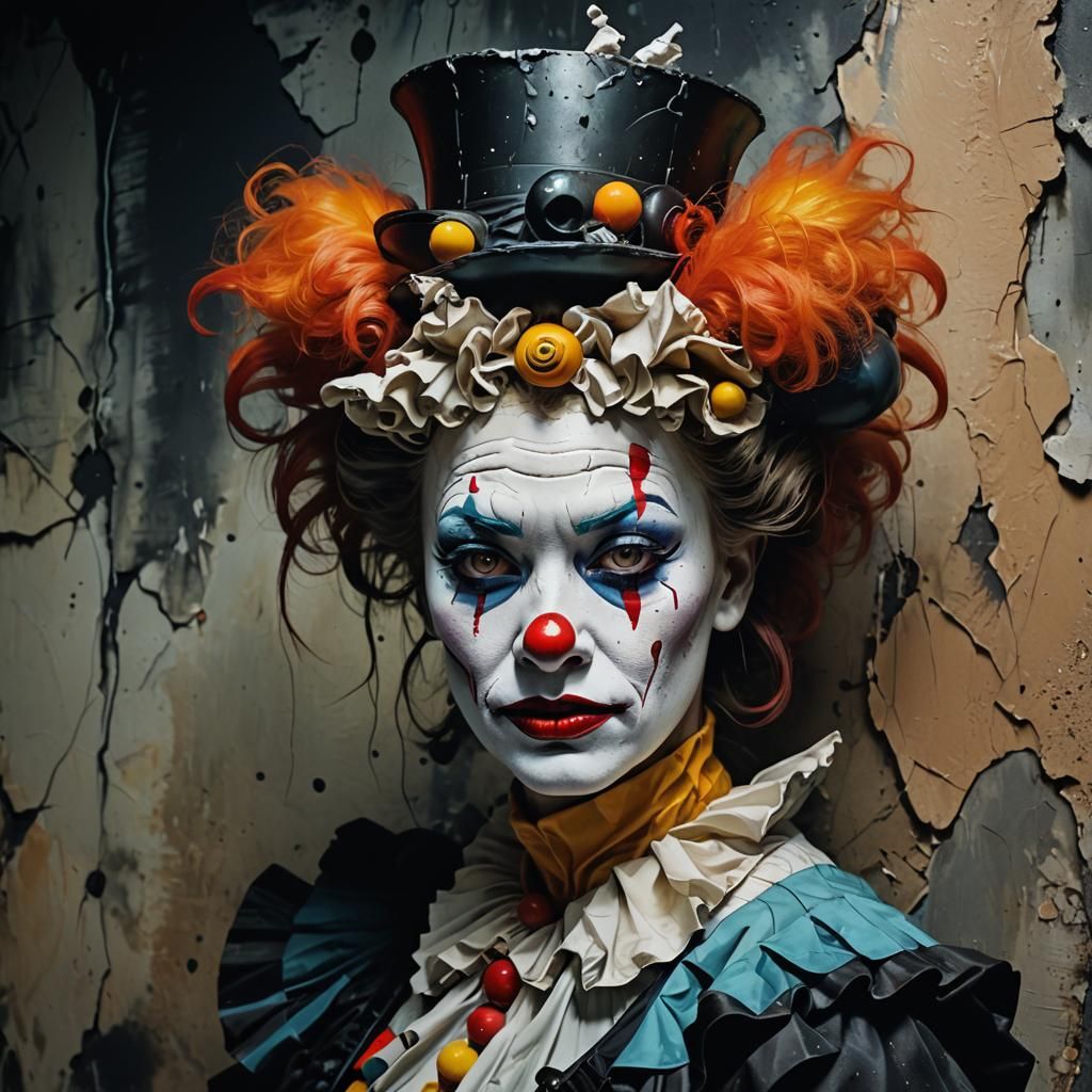 Grayscale Clown Face in Decayed Surrealism