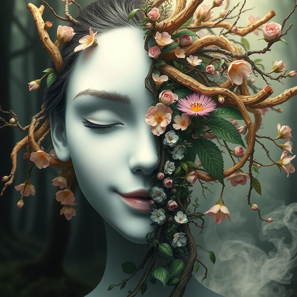 A surrealistic representation of a female face, split into t...