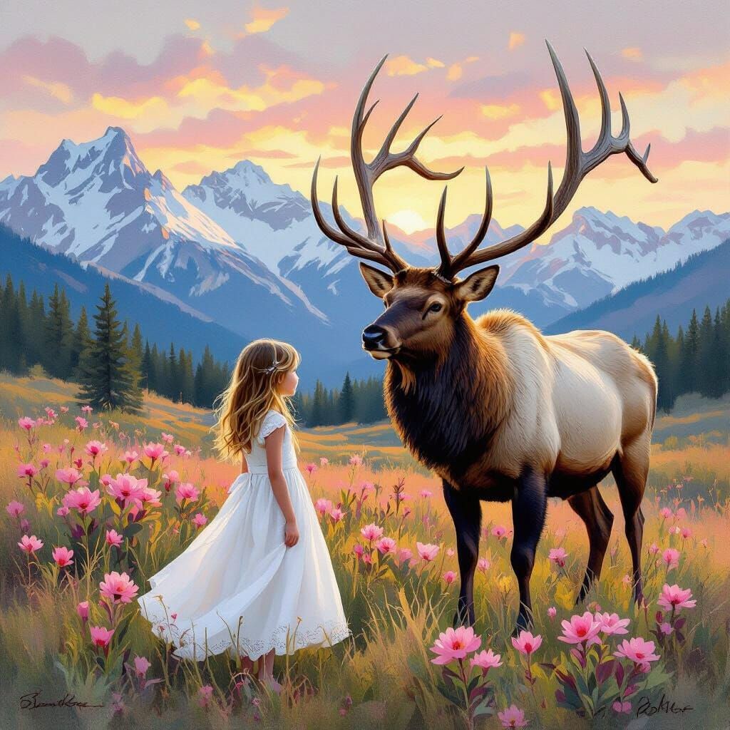 Girl and Elk in Meadow at Sunset