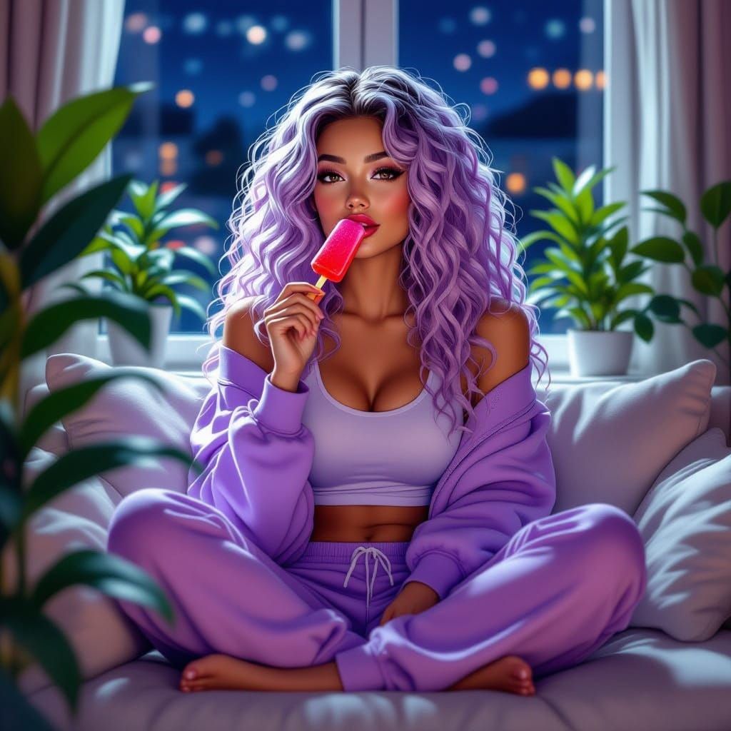 Woman in Lilac Sweatpants Relaxing with Houseplants