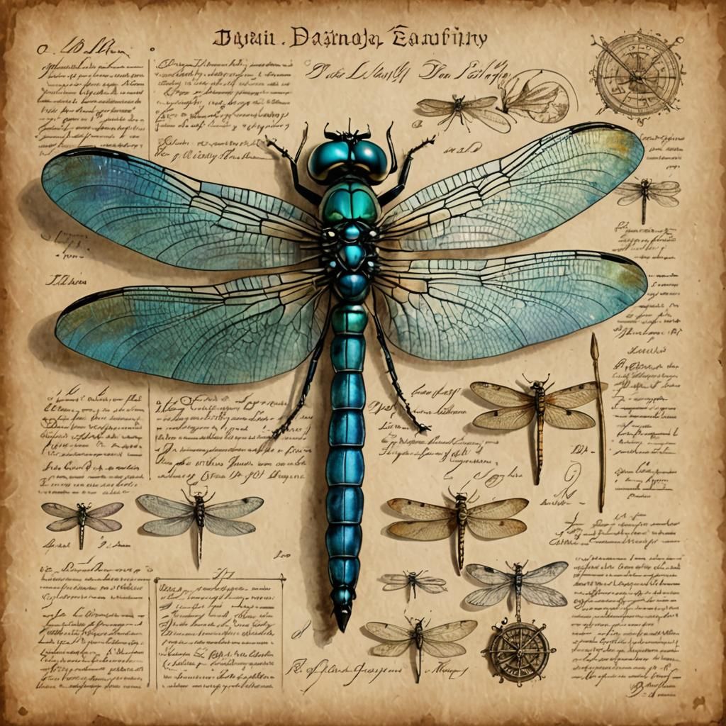 Iridescent Dragonfly Anatomy on Parchment Paper