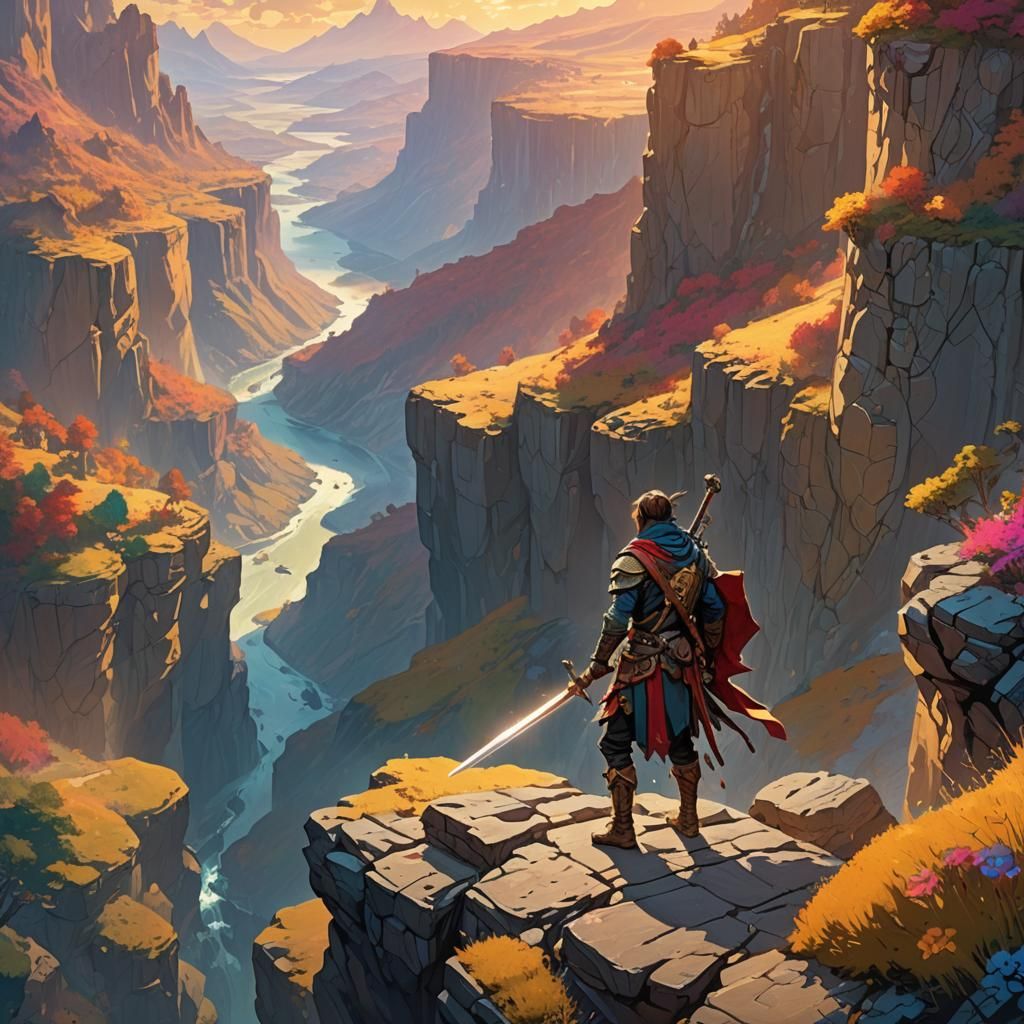 Heroic Adventurer Overlooking Fantasy Landscape in Anime Sty...