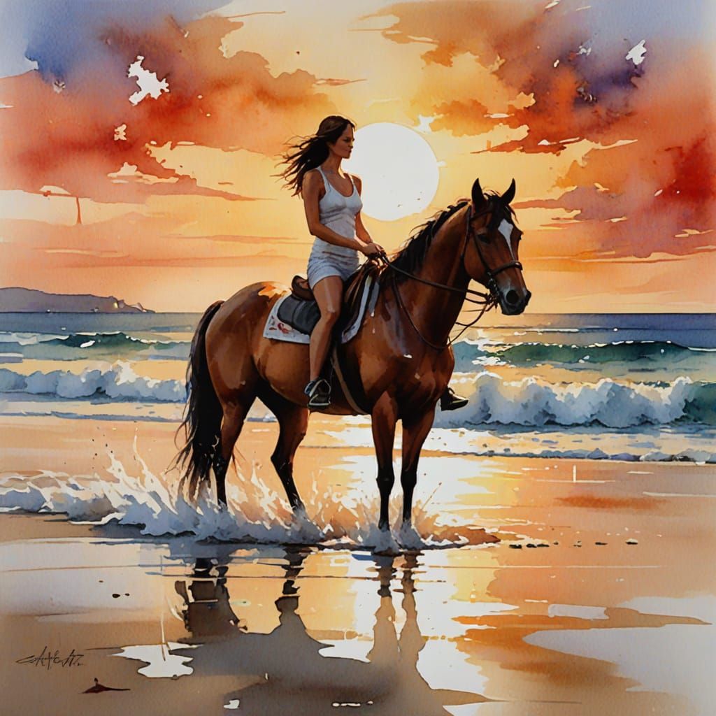 Woman on Horse at Sunset Beach in Watercolor