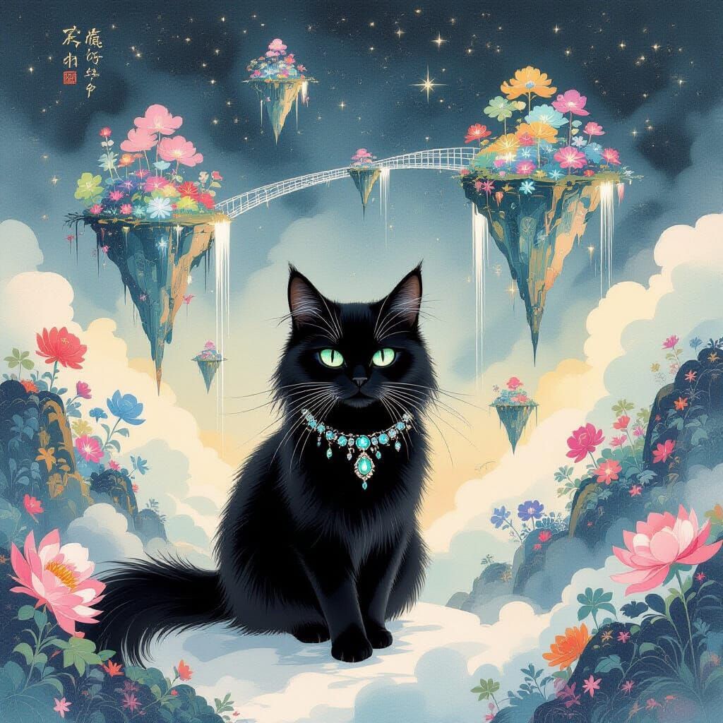 Black Cat in Surreal Dreamscape as Ink Wash Painting