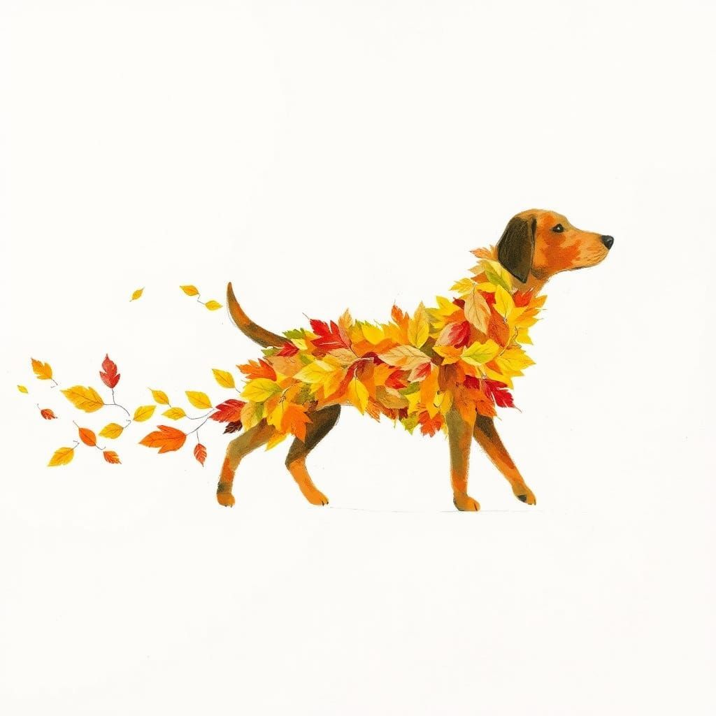 Autumnal Dog Sketch with Leaves
