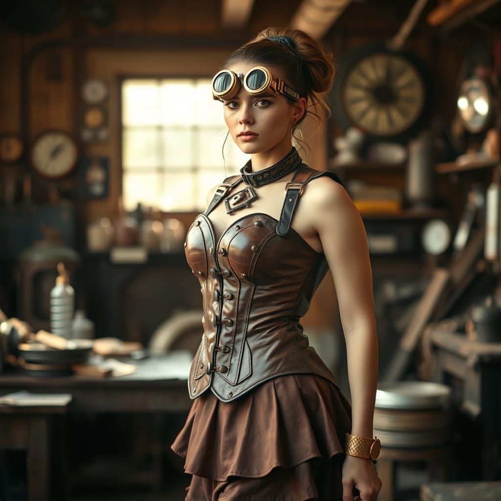 Steampunk Inventor in Workshop, Film Grain Aesthetic