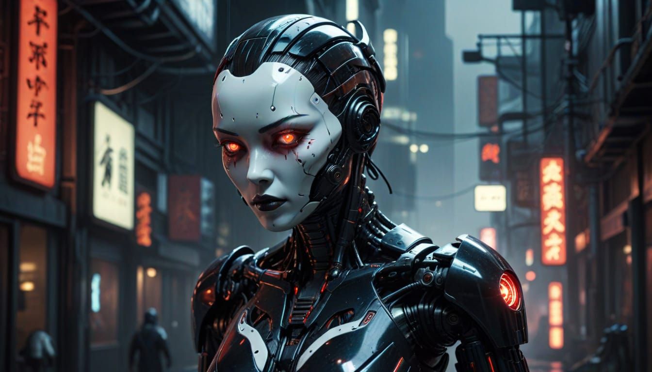 Frightening Japanese Gynoid in Gothic Cyberpunk Setting