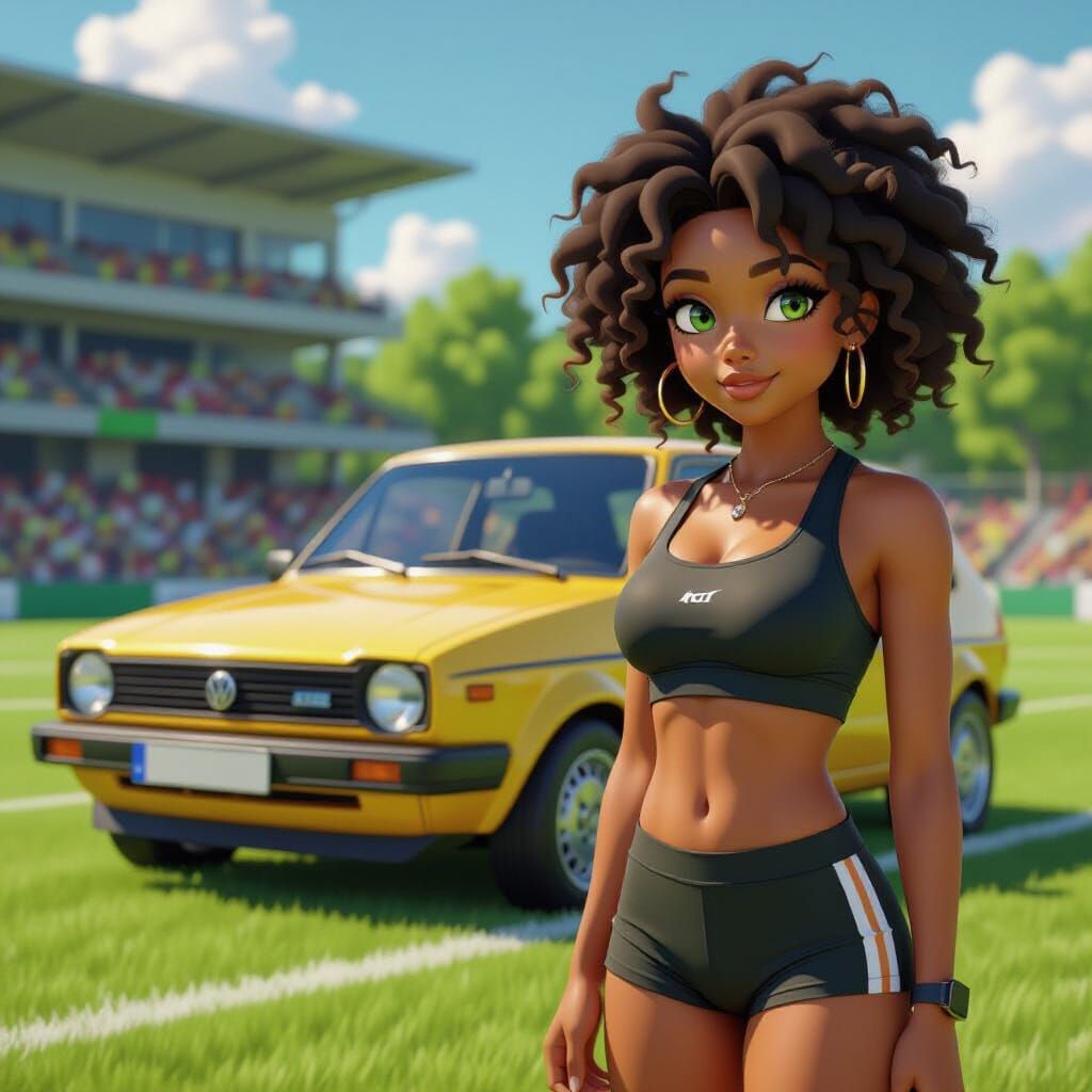 African Model and Yellow Golf in 3D Anime Style