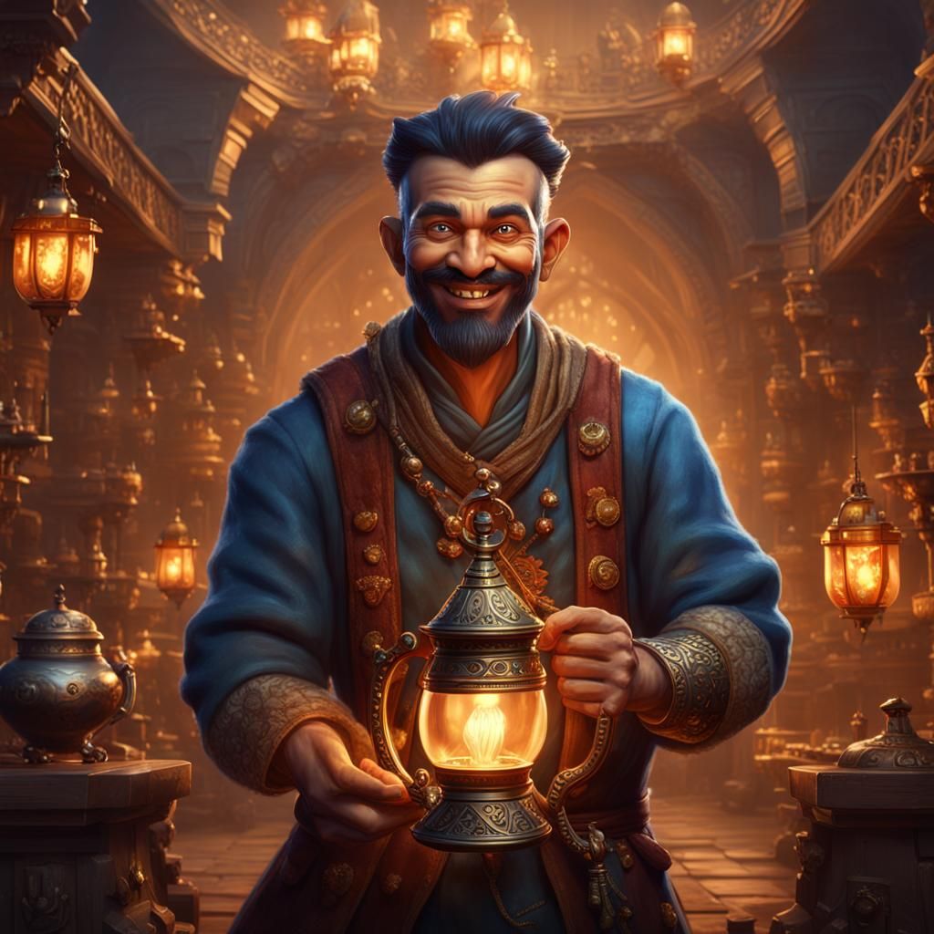 Charismatic Merchant with Genie Lamp in D&D World