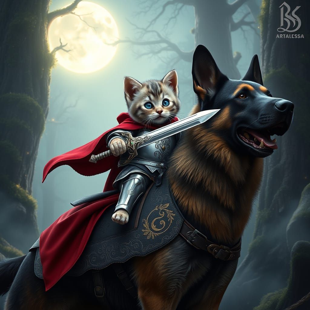 Majestic Kitten Knight in Regal Armor Rides a German Shepher...