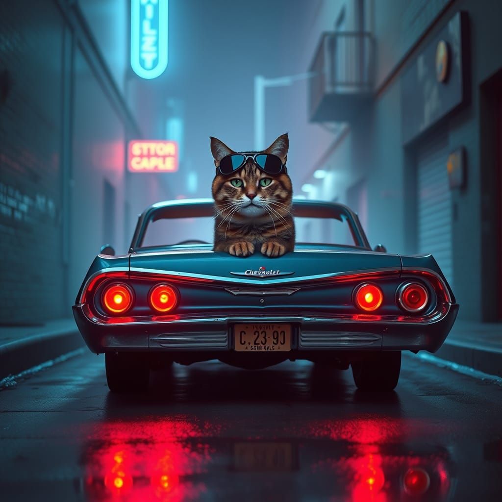 Tabby Cat in Impala: Retro Neon Noir
