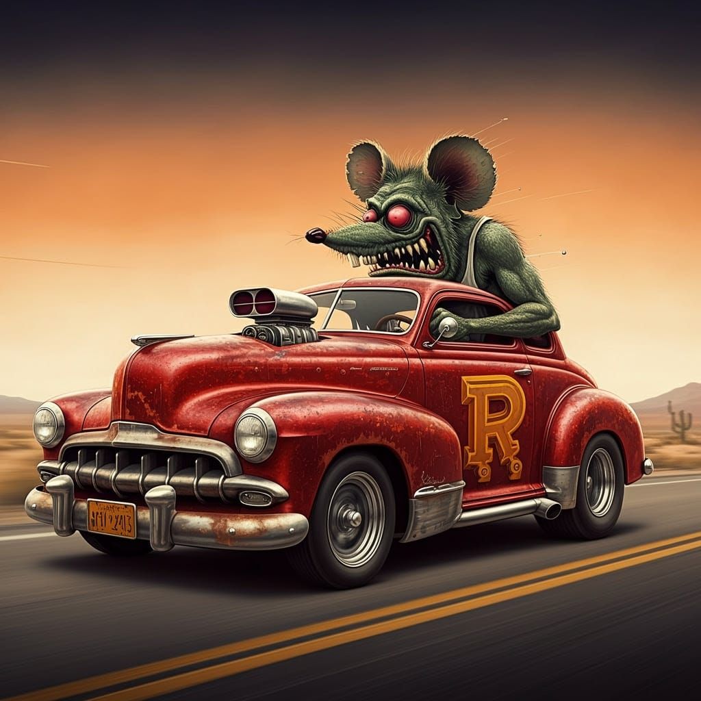 Rat Fink Rides a Rebel Gasser in a Fusion of George Perez an...