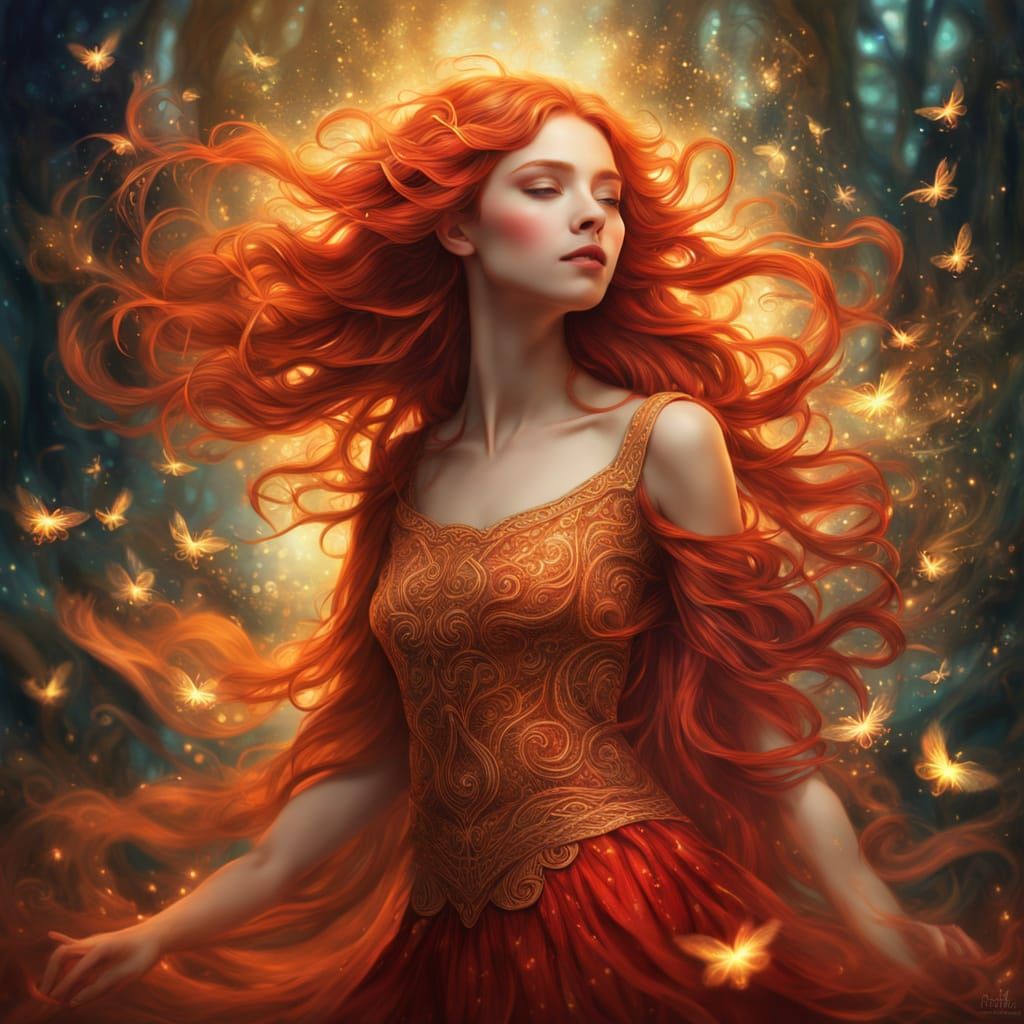 Ethereal Woman with Fireflies: Fantasy Illustration