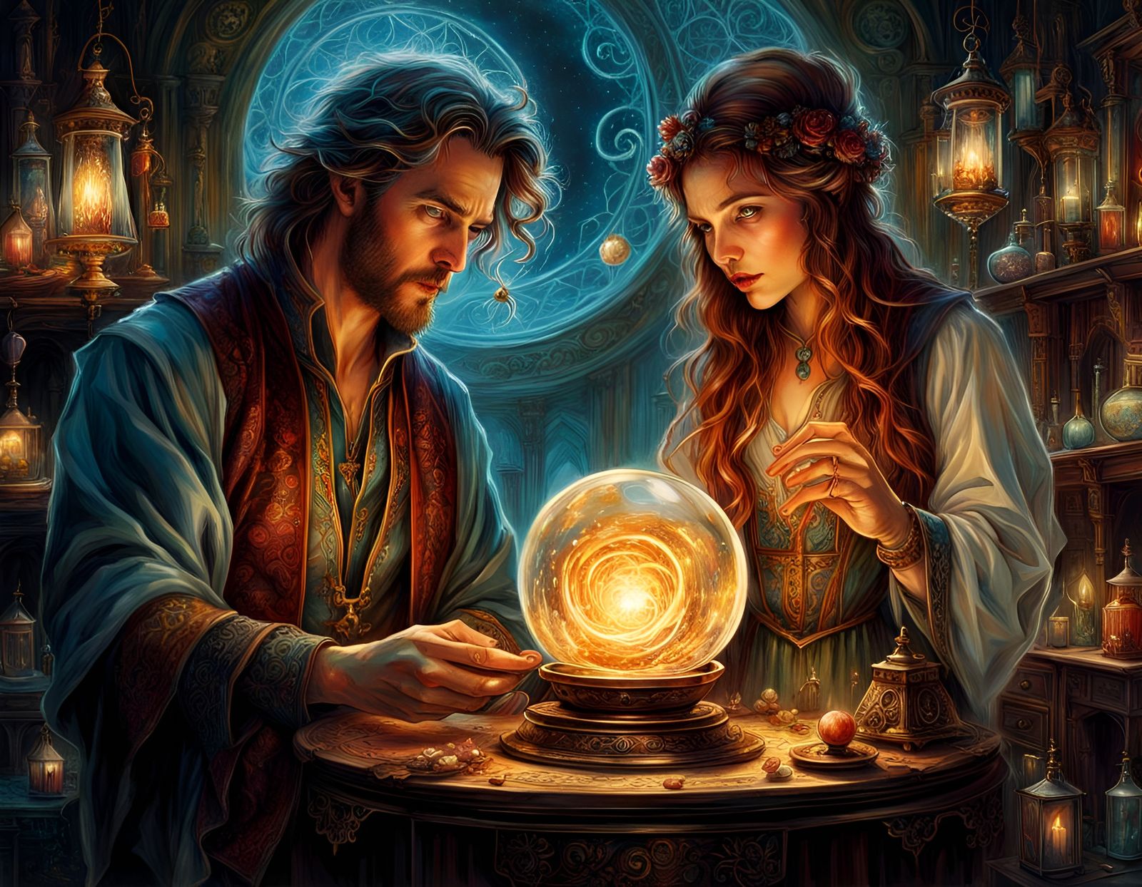 Sorcerer and Apprentice Surrounded by Spell Ingredients