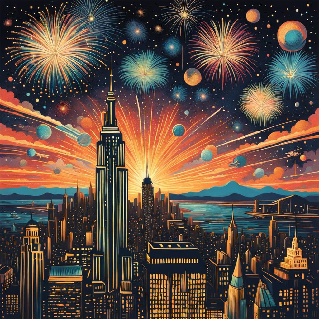 Starry Night Skyfireworks in Vintage New York City