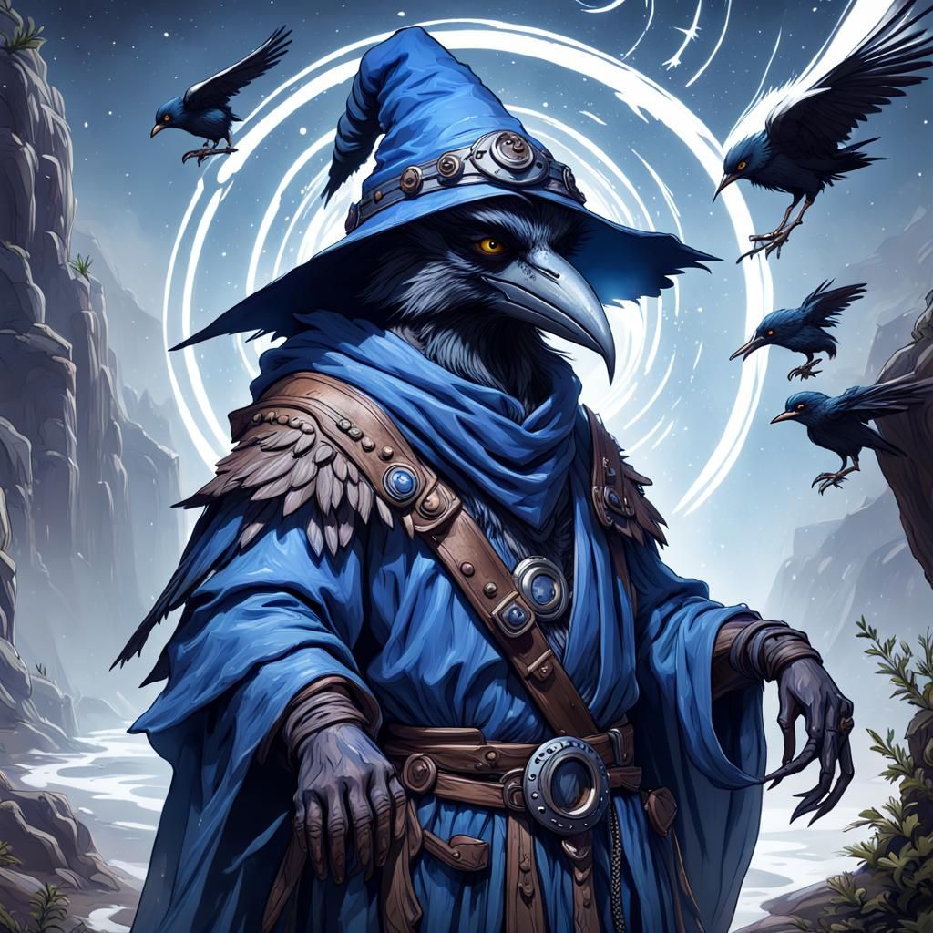 Crow Kenku Druid in Blue Robes, Detailed Matte Painting