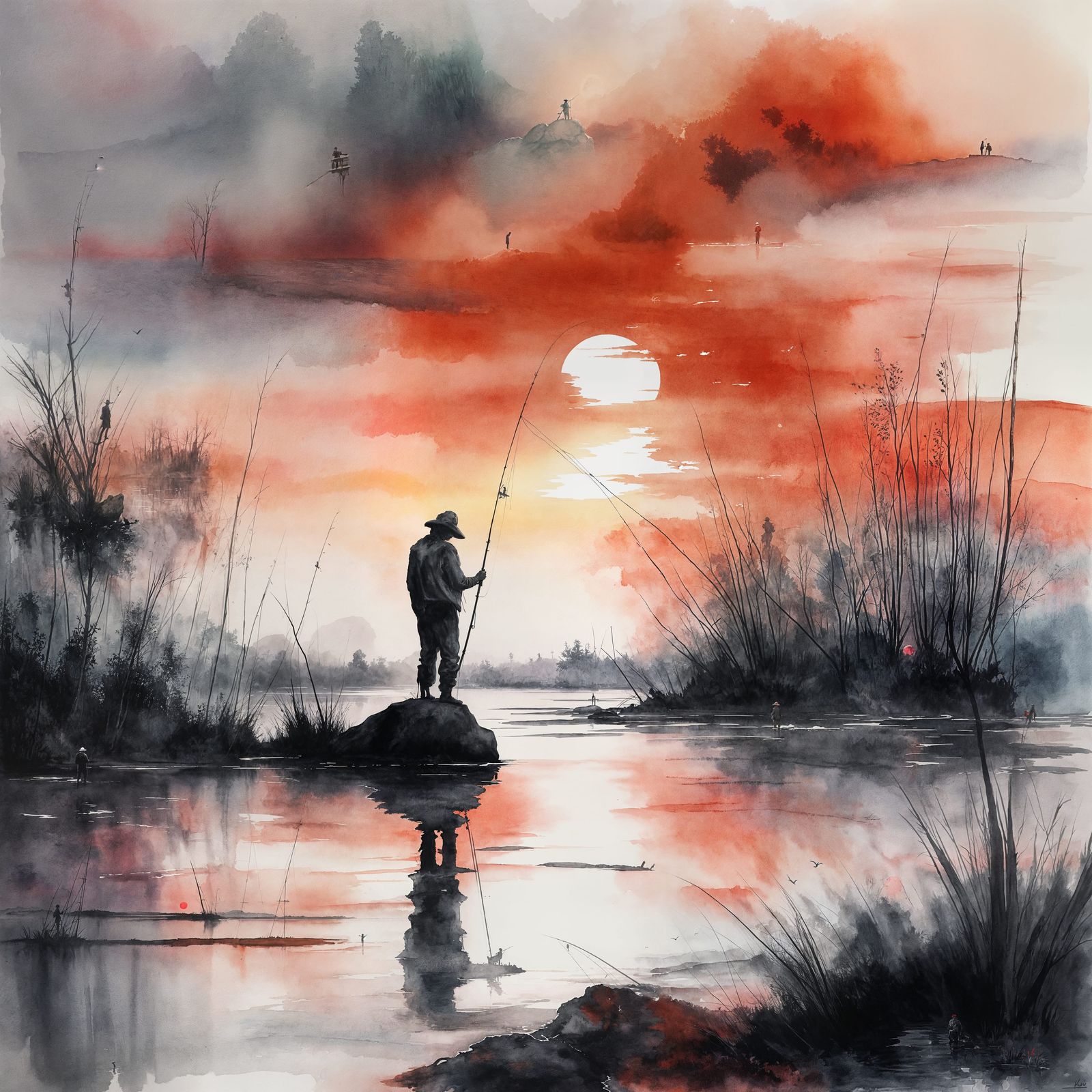 Fisherman in Swamp: Watercolor Painting at Sunrise