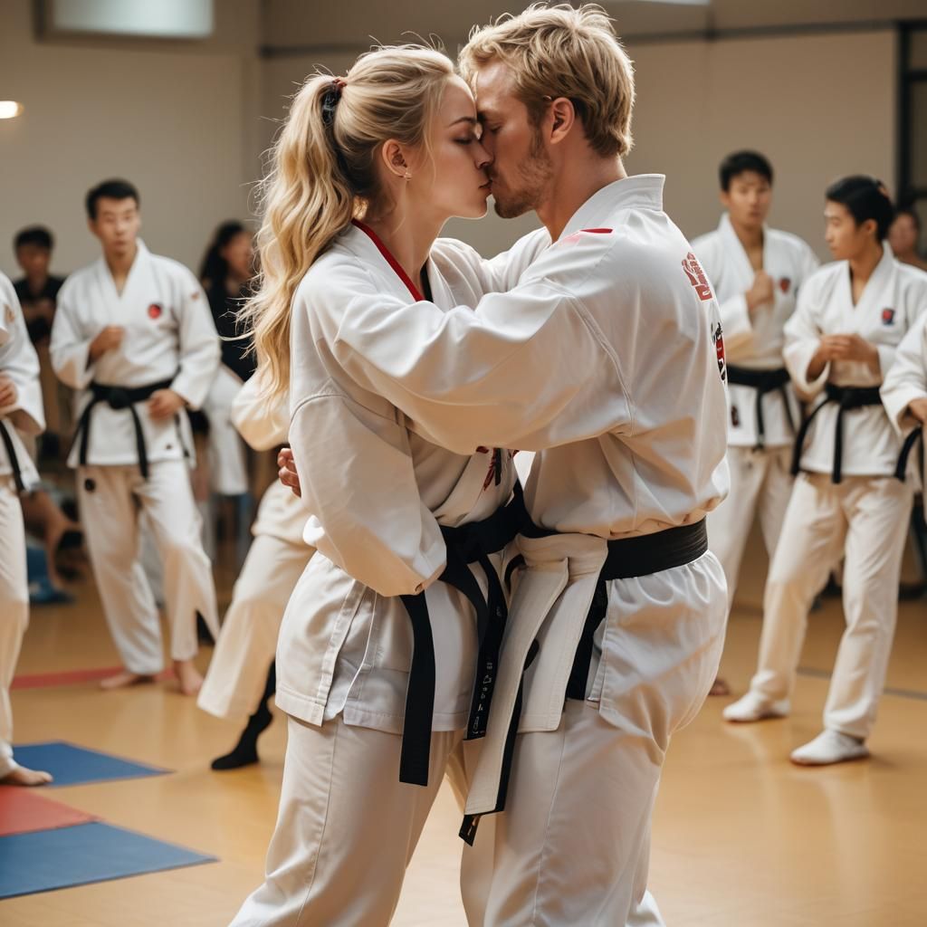 Romantic Kiss in Taekwondo Class: A Photorealistic Moment