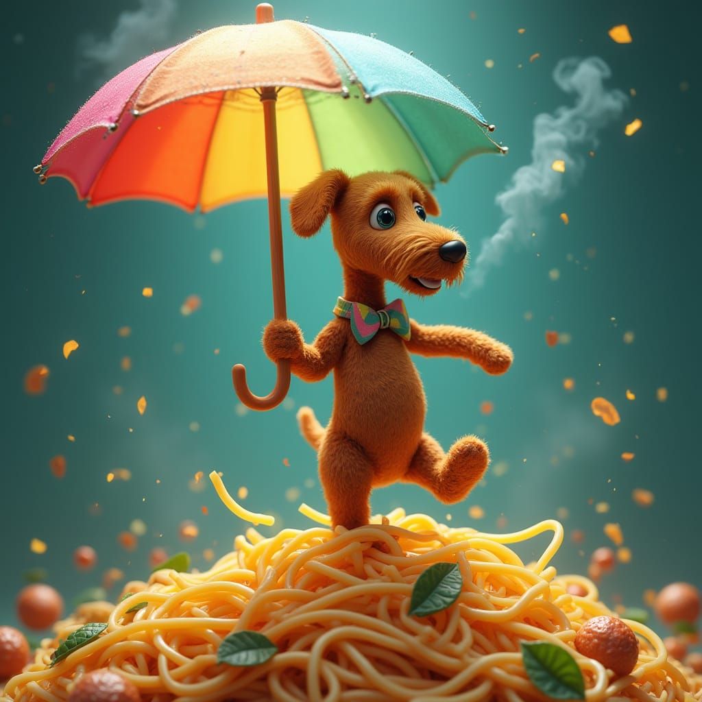 Whimsical Airedale Terrier Dances on Spaghetti in a Dreamlik...