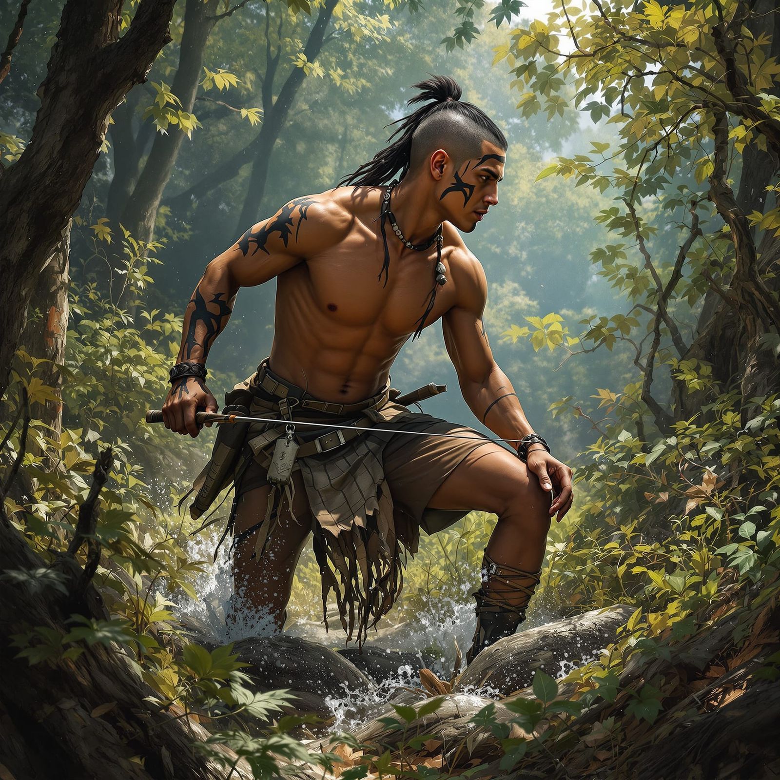 Native American Hunter Tracks Game in Detailed Matte Paintin...