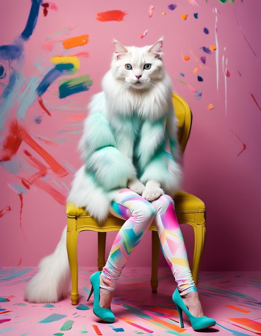 Glamorous Albino Cat in Neon Fashion Photography