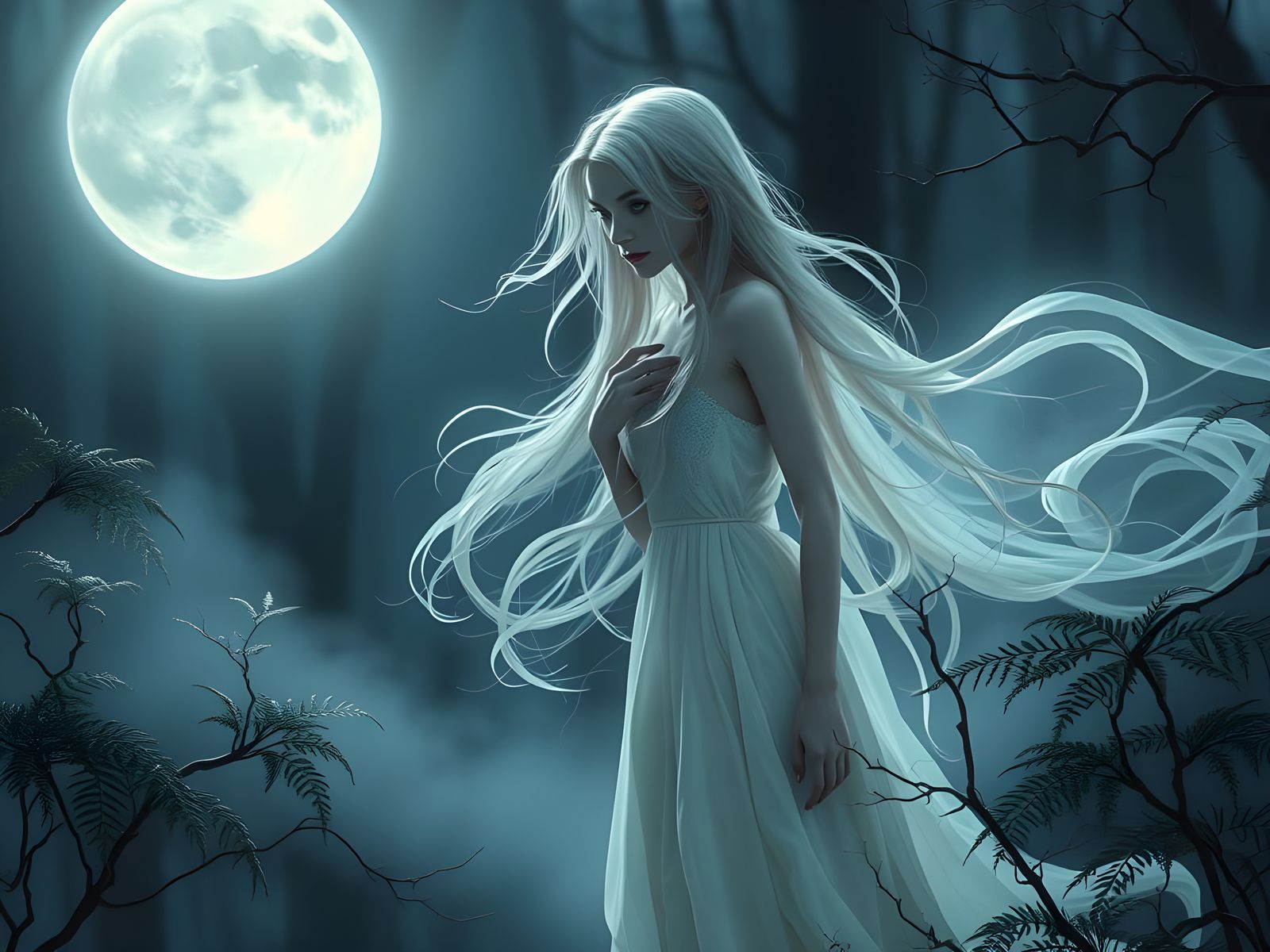 Ethereal Ghostly Woman in Moonlit Forest