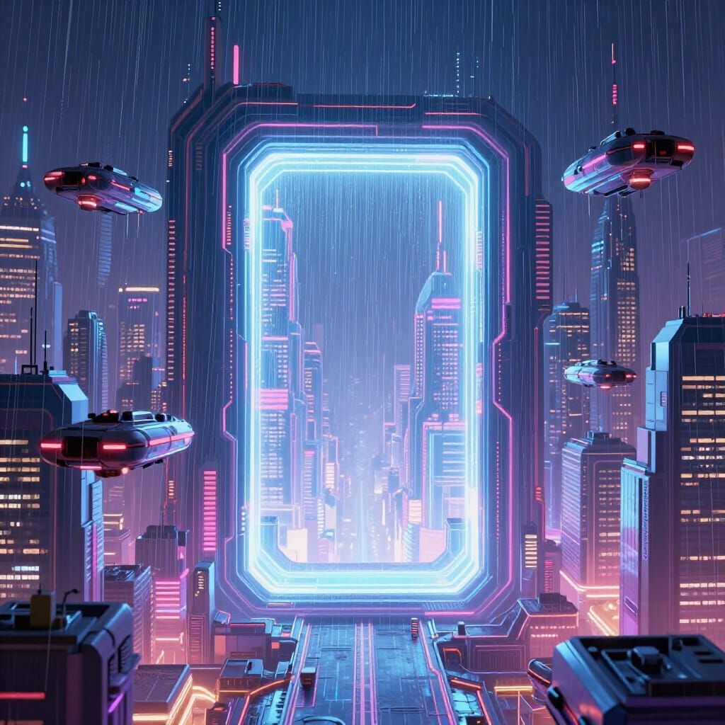 Ethereal Portal to Futuristic Cityscape with Flying Vehicles