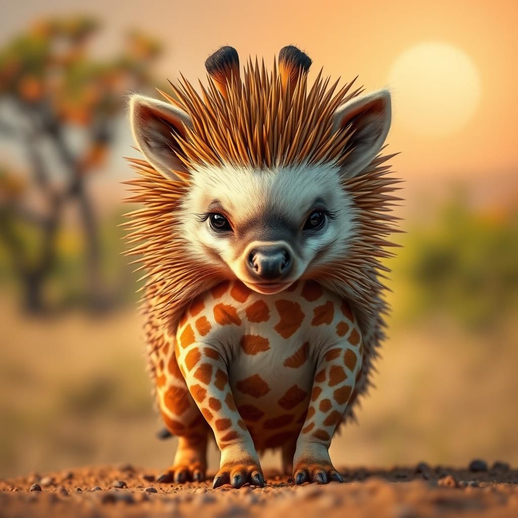 Realistic Hedgehog-Giraffe Hybrid in Savannah