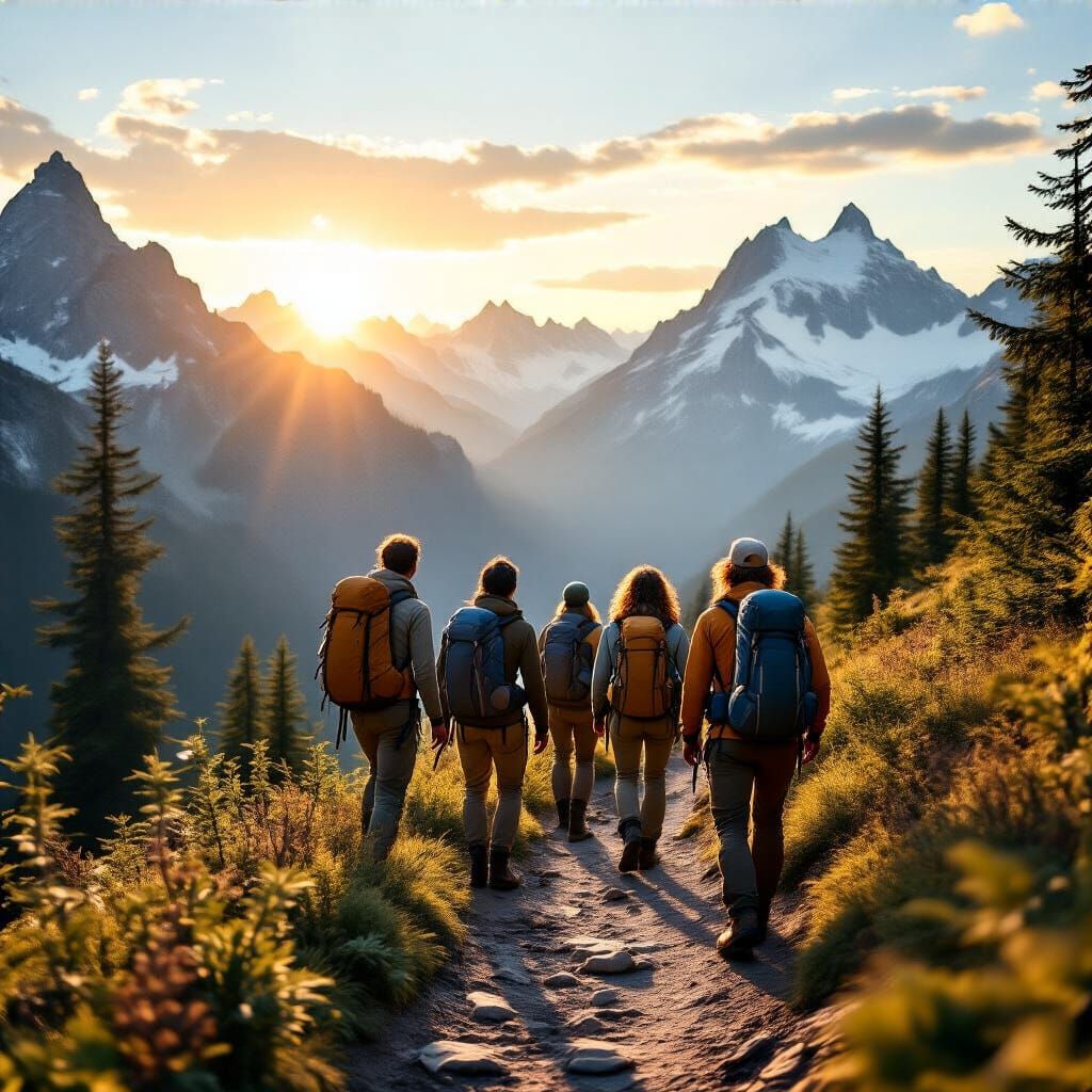 Friends Hike Alpine Trail in Golden Hour Sunlight