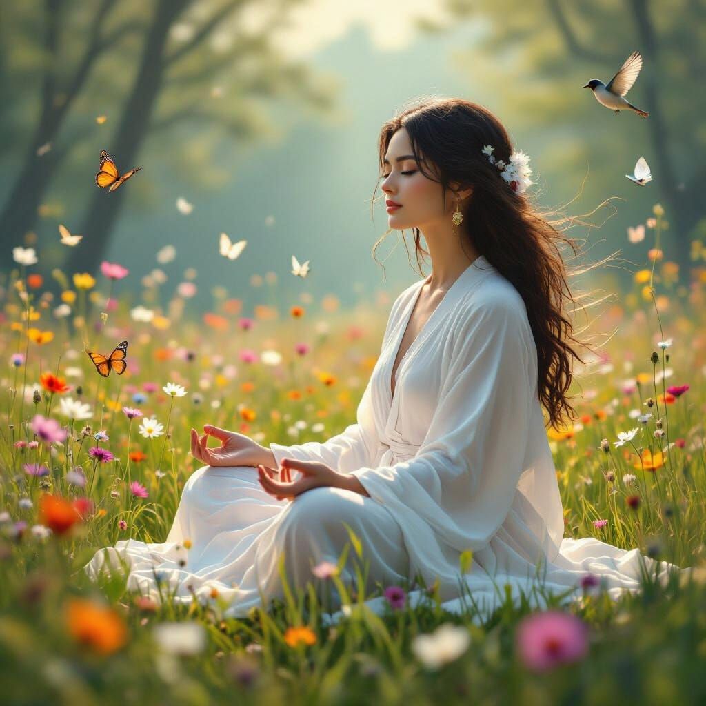 Woman Meditating in Forest with Flowers and Butterflies