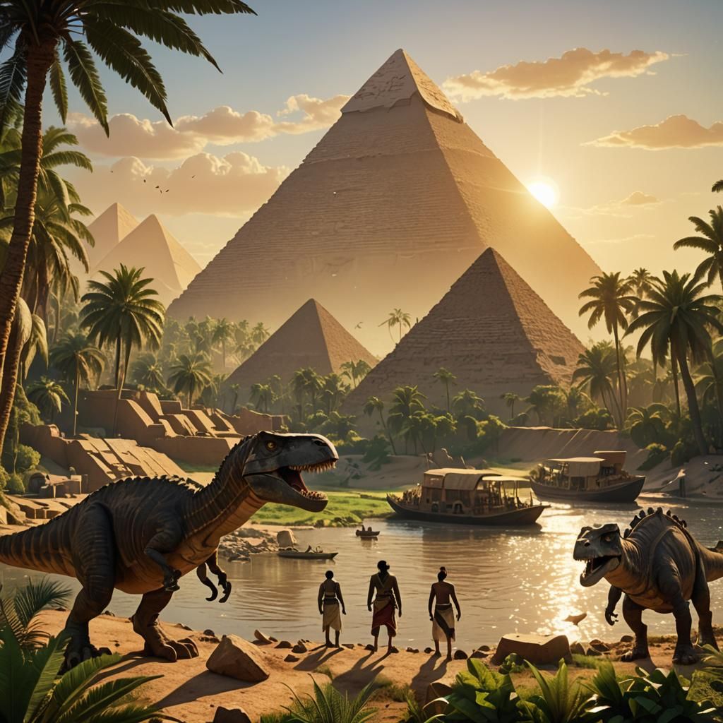 Egyptian Pyramids Constructed with Dinosaurs: Cinematic Stil...