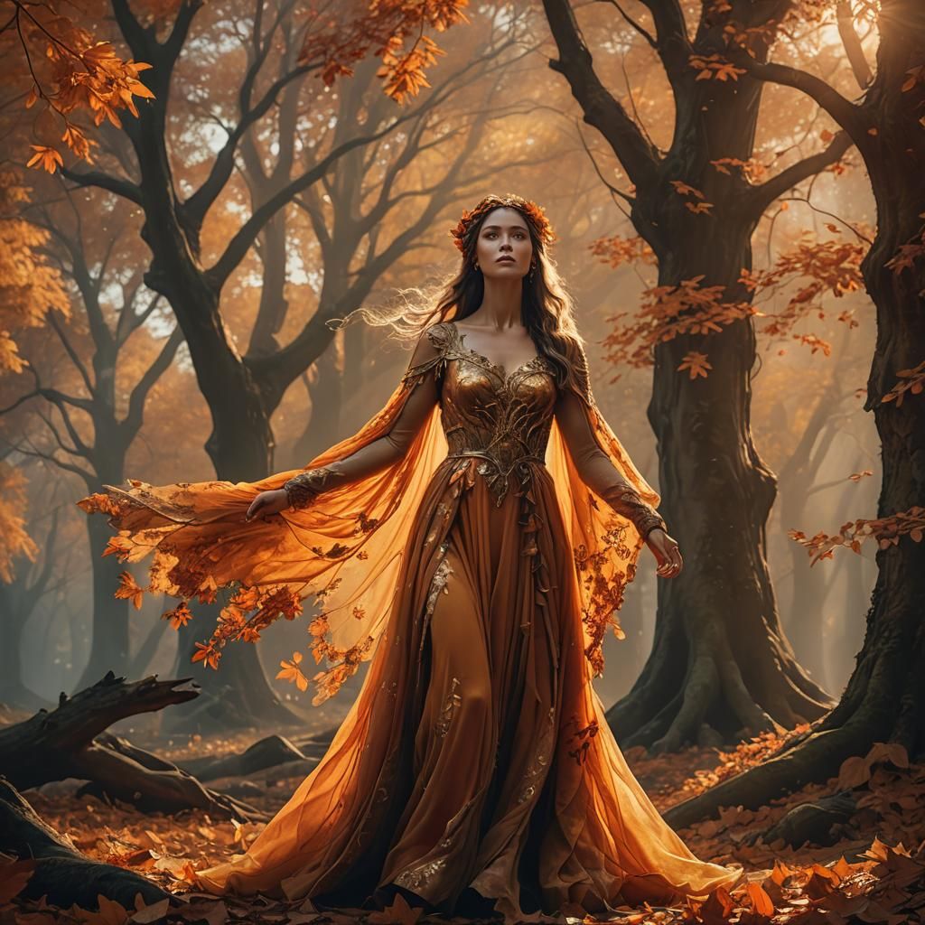 Autumn Goddess in Flowing Dress, Fantasy Art