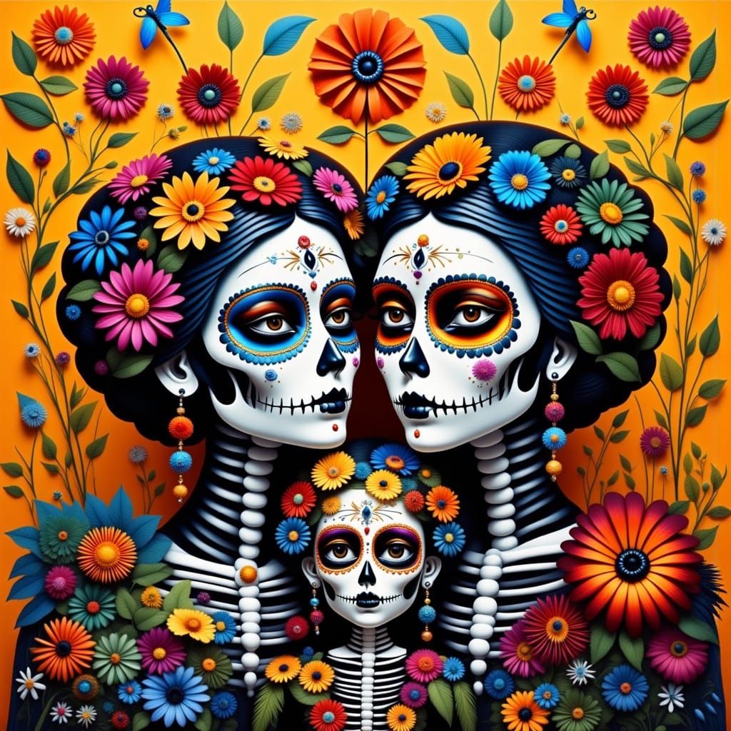 Colorful Sugar Skull Family in Mexican Folk Art Style