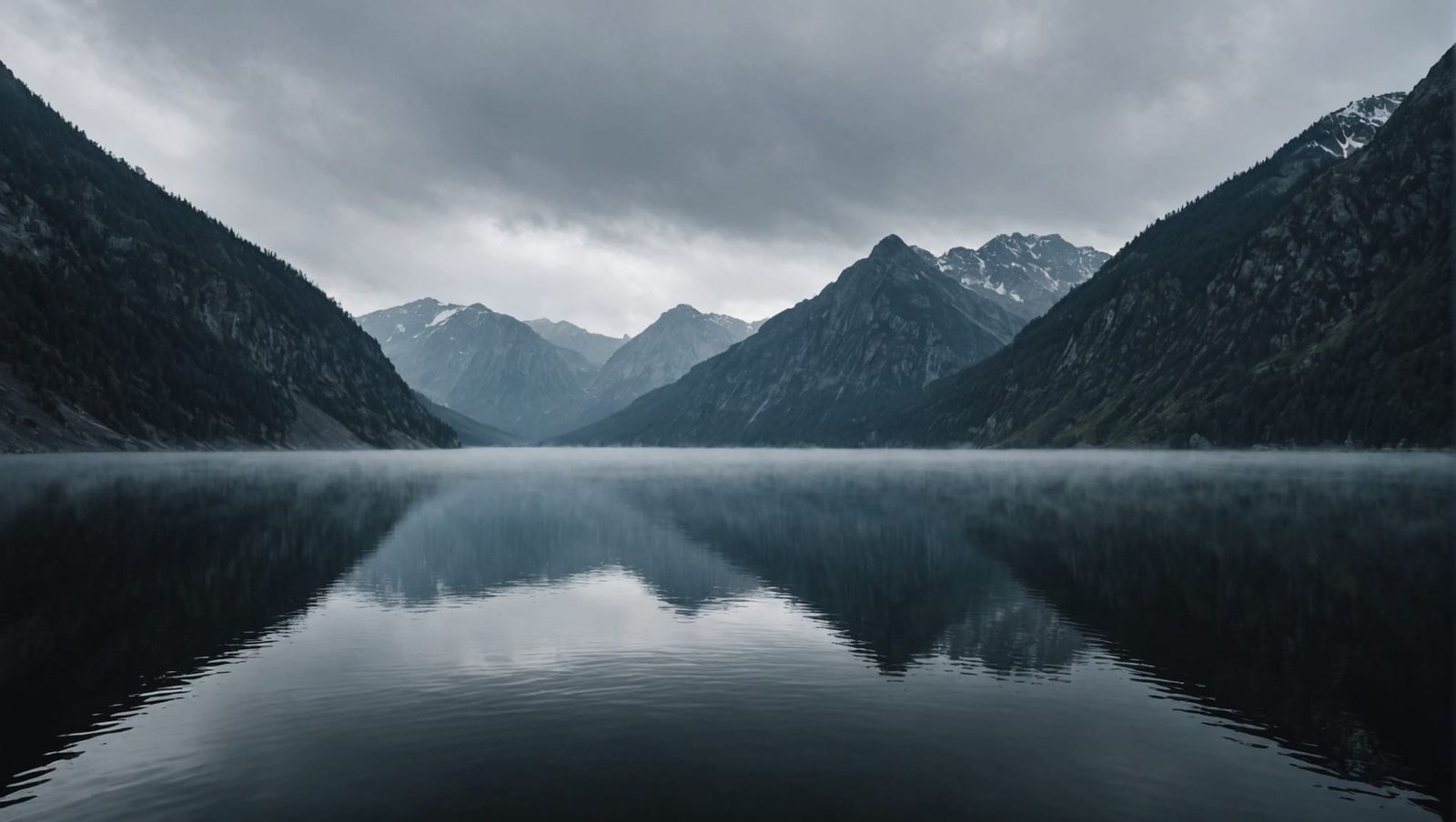 dark lake surrounded by mountains mist on the surface of the...