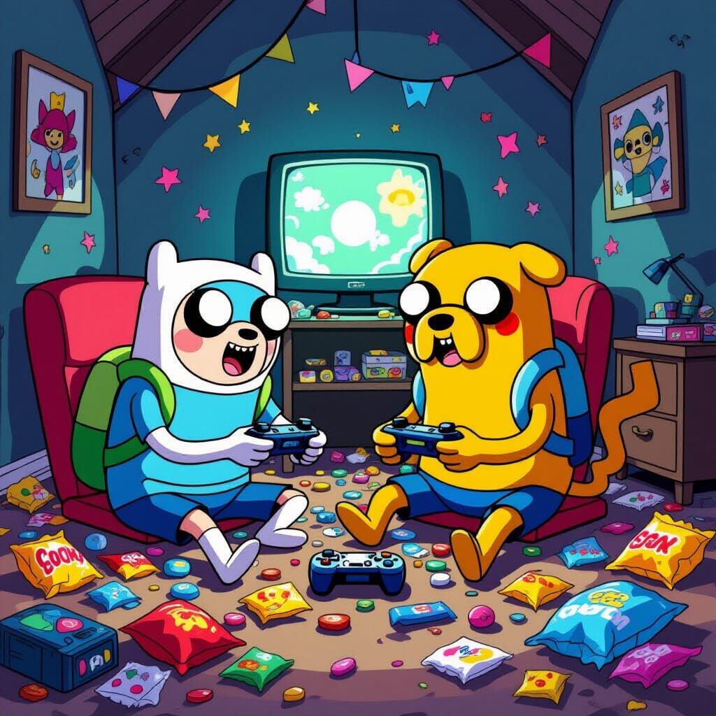 Finn and Jake Play Video Games Amidst Chaotic Room