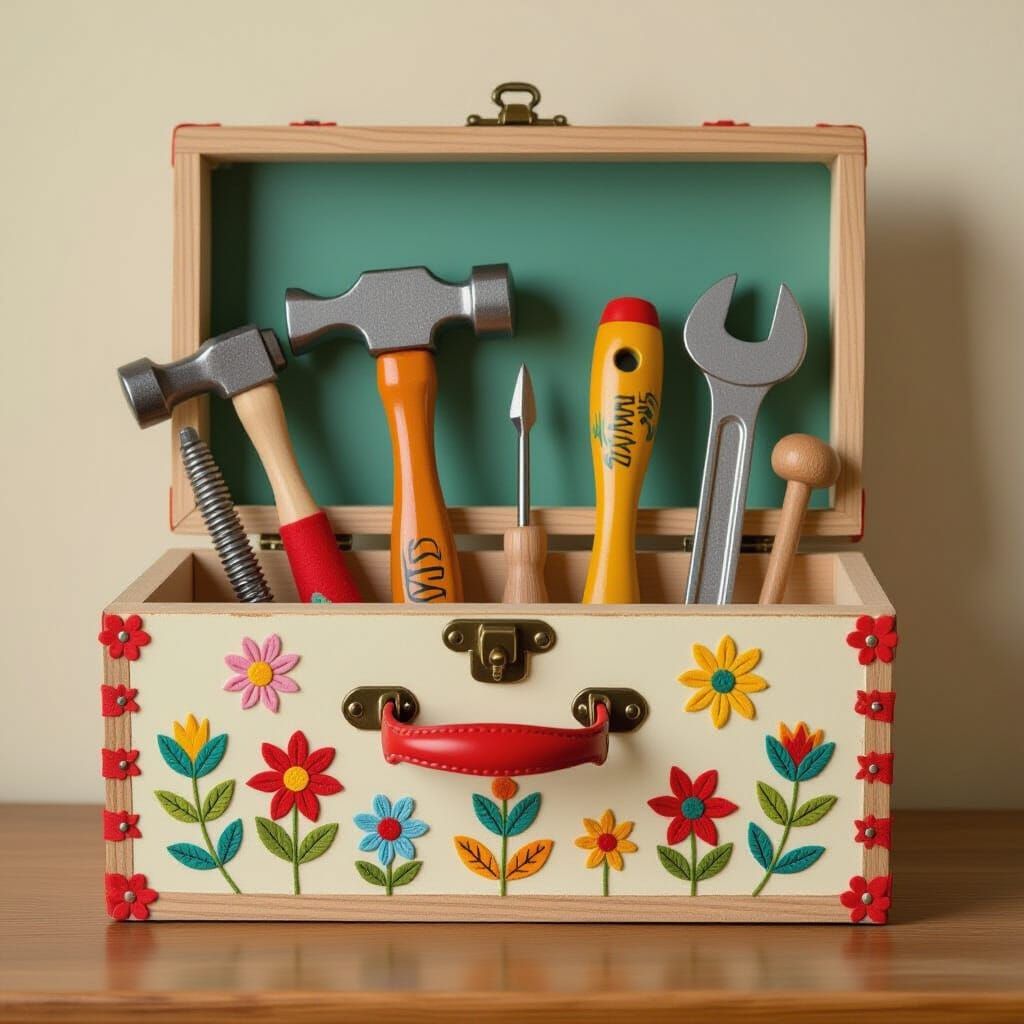 Whimsical Felt Tools in Handcrafted Wooden Toolbox