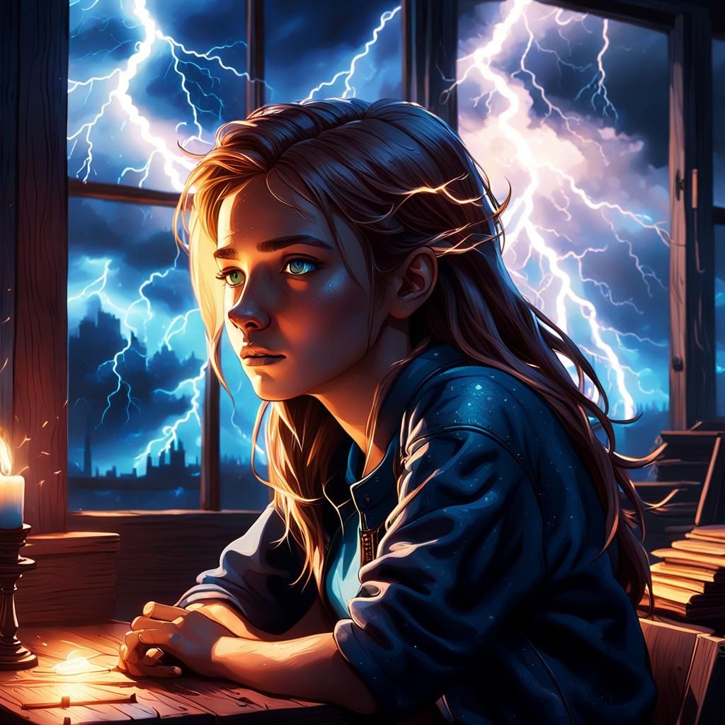 Teenage Girl in Candlelight During Lightning Storm