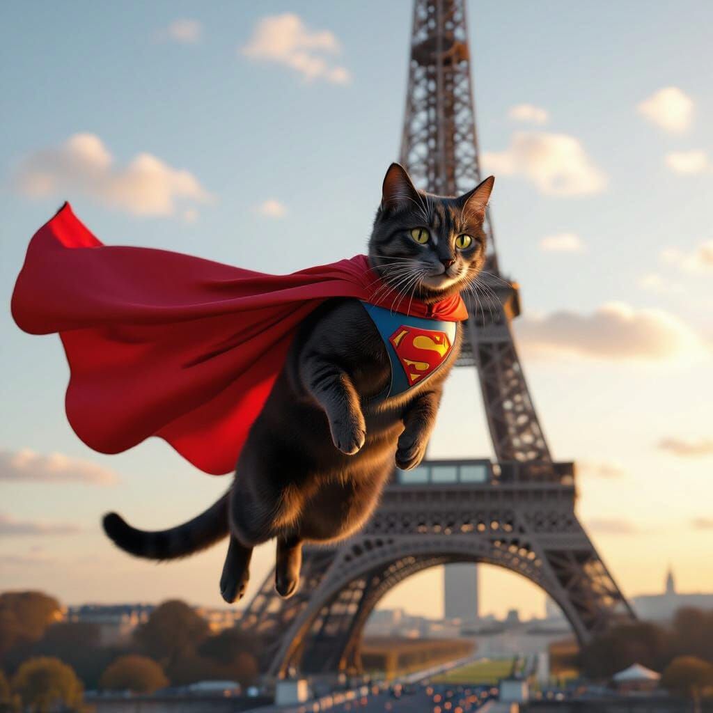 Photorealistic Cat Superhero Soars by Eiffel Tower at Golden...