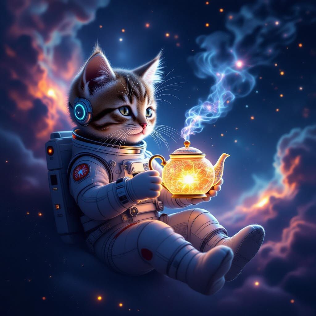 Astronaut Kitten with Cybernetic Enhancements Holds Glowing ...