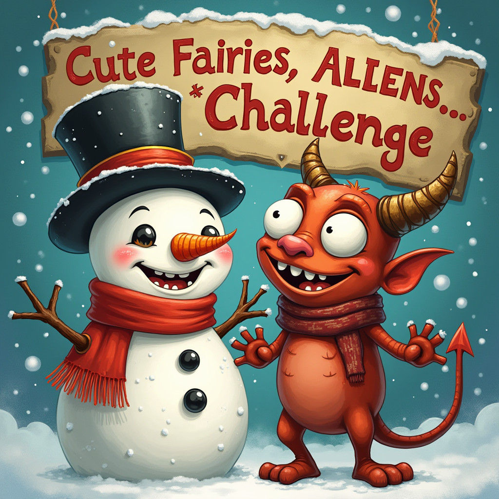 Whimsical Snowman and Demon Duo in Storybook Style