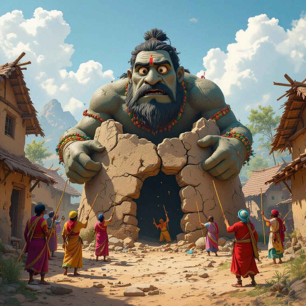 Stone Giant Trapped in Mud House, 3D Cartoon Indian Style